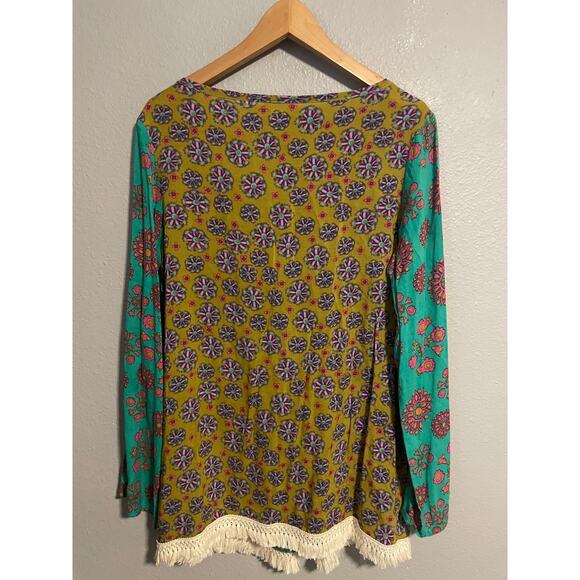 Natural Life Live Happy Shirt Womens Small Medium Green Boho Floral Fringe Tunic - Picture 2 of 7